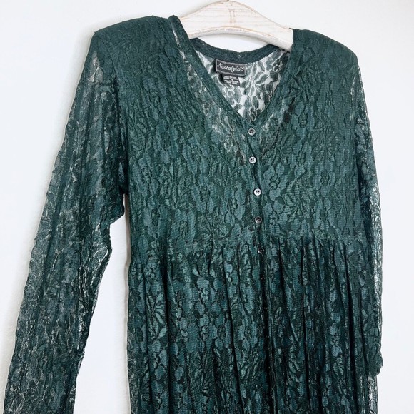 Nostalgia Dark Green Long Sleeve Lace Maxi Dress Grunge Gothic Academia Small - Picture 2 of 7